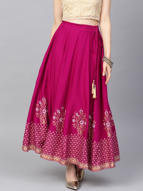 

KSUT Women Magenta Pink & Gold-Coloured Floral Printed Flared Maxi Skirt