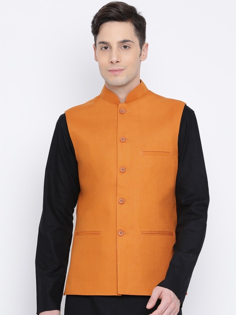 

NAMASKAR Men Mustard Yellow Solid Woven Cotton Nehru Jacket