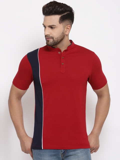 

Kalt Men Red & Navy Colourblocked Solid Mandarin Collar T-shirt