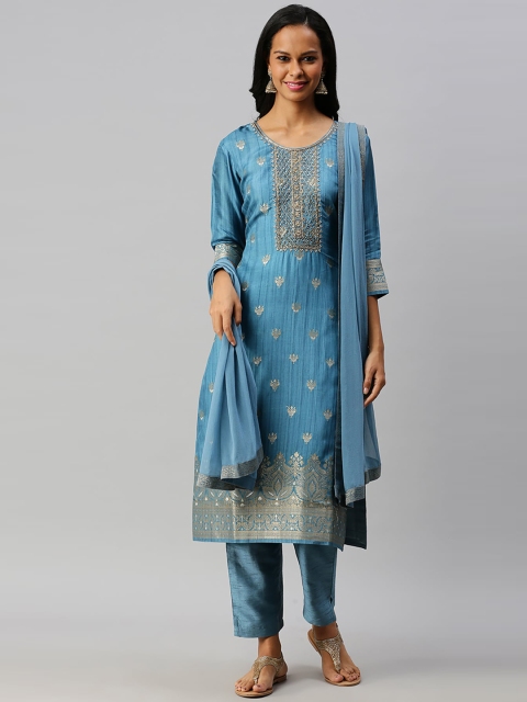 

Soch Women Blue & Gold-Toned Embroidered Kurta with Trousers & Dupatta