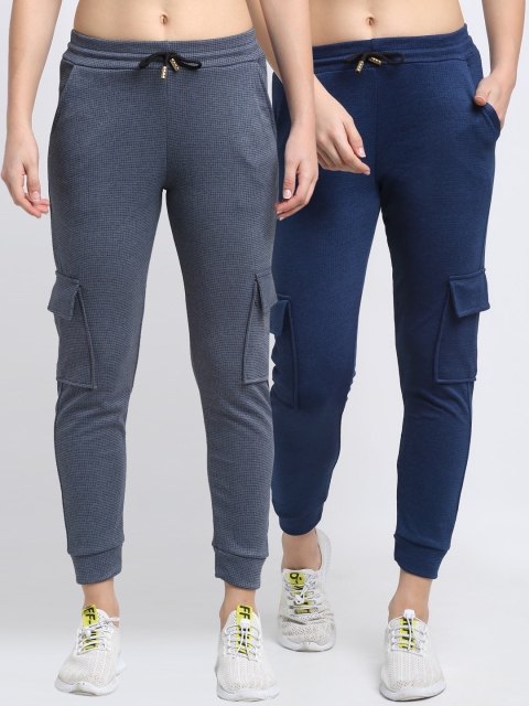 

NEUDIS Women Pack Of 2 Checked Cotton Slim-Fit Joggers, Navy blue