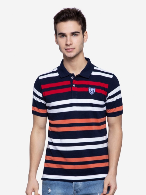

NEVA Men Navy Blue & Red Pure Cotton Striped Polo Collar T-shirt