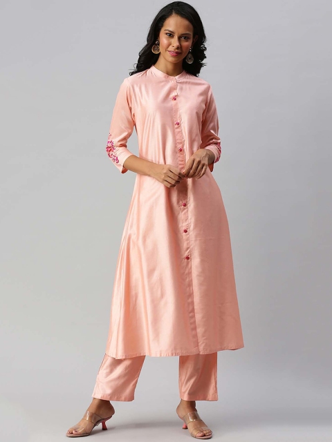 Soch Women Peach-Coloured Solid Kurta with Trousers