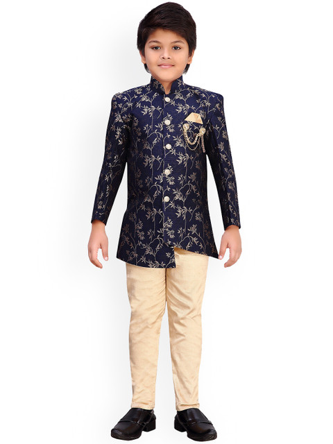 

Aj DEZInES Boys Navy Blue & Gold-Coloured Floral Printed Sherwani Set