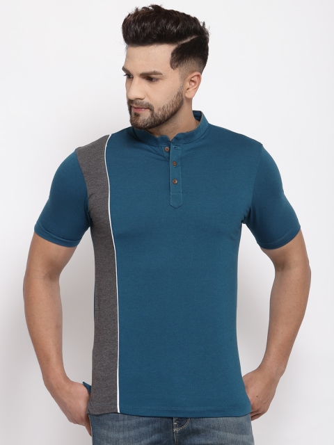 Kalt Men Teal & Grey Colourblocked Mandarin Collar T-shirt