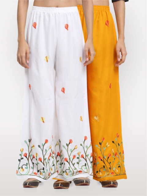 

NEUDIS Pack of 2 Women White & Yellow Embroidered Wide Leg Palazzos