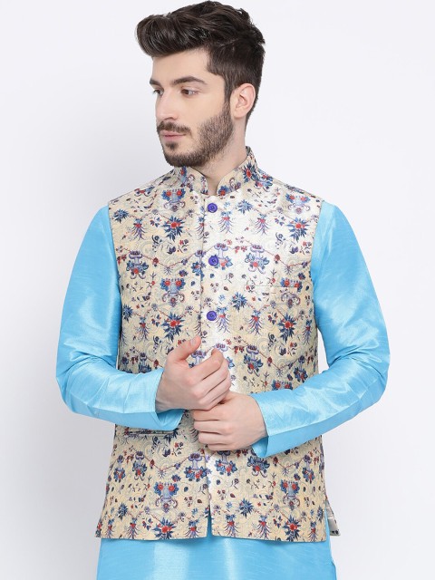 

NAMASKAR Men Blue & Beige Printed Woven Pure Silk Nehru Jacket