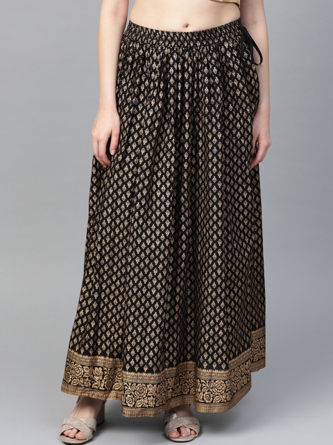

KSUT Women Black & Gold-Coloured Ethnic Printed Flared Pure Cotton Maxi Skirt