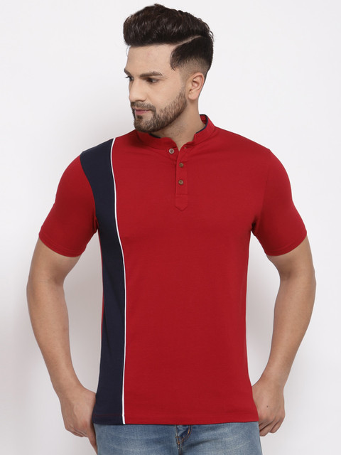 

Kalt Men Red & Navy Blue Colourblocked Mandarin Collar T-shirt