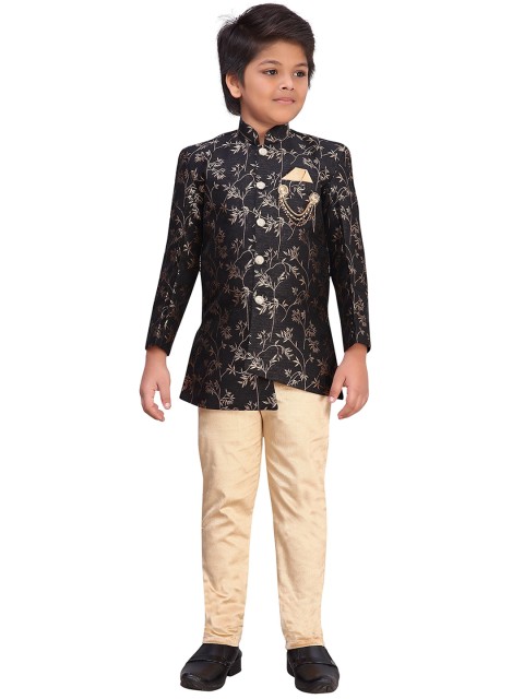 

Aj DEZInES Boys Black & Gold-Colored Printed Sherwani Set