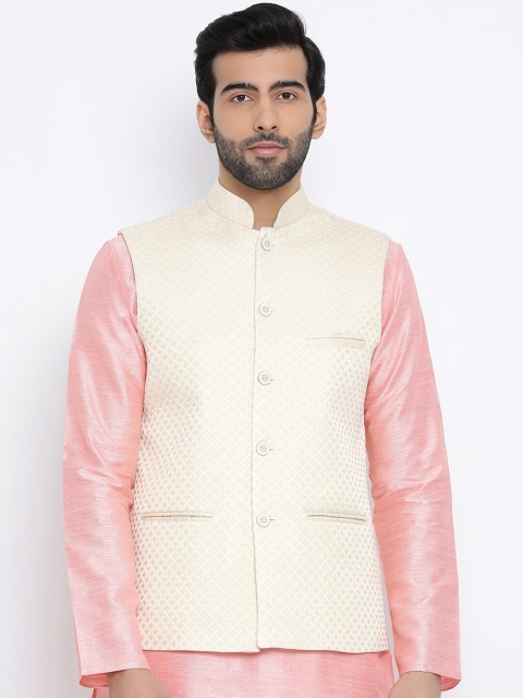 

NAMASKAR Men Off White Woven Design Pure Silk Nehru Jacket