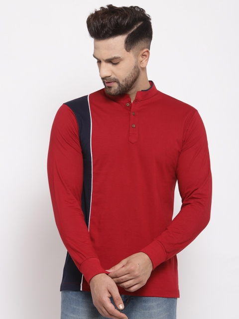 

Kalt Men Red Colourblocked Mandarin Collar T-shirt