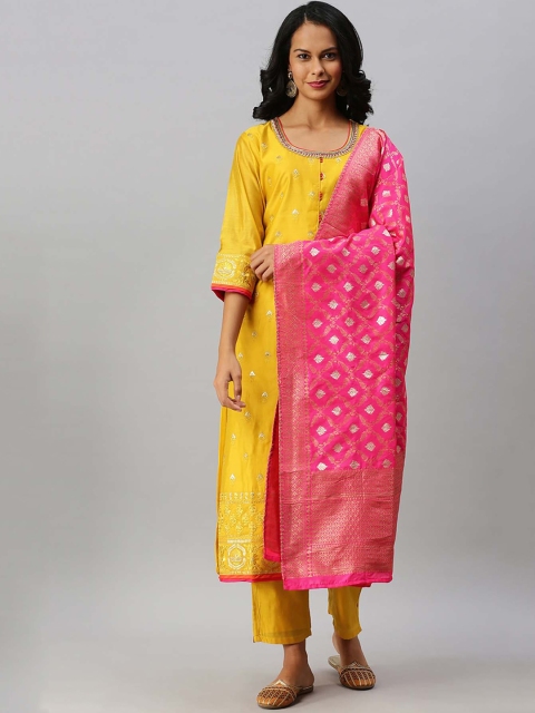 

Soch Women Yellow & Pink Woven Design Kurta with Trousers & Dupatta
