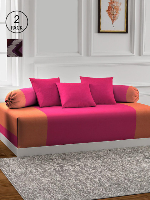 

KLOTTHE Set Of 2 Woven Cotton Single Bedsheet With 4 Bolster Covers & 6 Cushion Covers, Pink