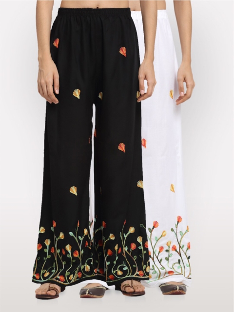 

NEUDIS Women Pack Of 2 Black & White Embroidered Wide Leg Palazzos