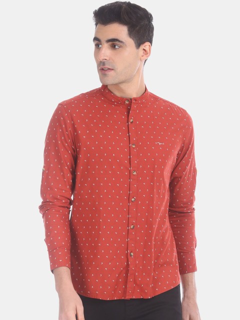 

Flying Machine Men Rust Red & White Micro Ditsy Palm Tree Print Pure Cotton Shirt