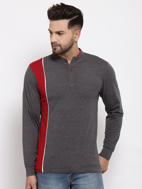 

Kalt Men Grey & Red Colourblocked Mandarin Collar T-shirt