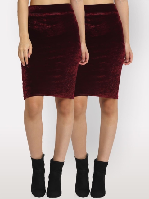 

NEUDIS Women Pack Of 2 Velvet Maroon Solid Pencil Skirts