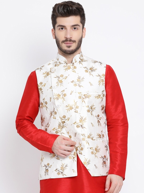 

NAMASKAR Men Off White & Gold-Toned Printed Woven Silk Nehru Jacket