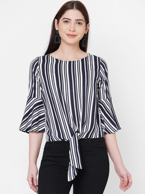 

109F White & Navy Blue Striped Regular Top