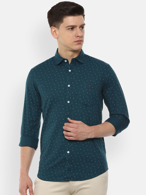 

Louis Philippe Jeans Men Green & White Super Slim Fit Geometric Print Cotton Shirt
