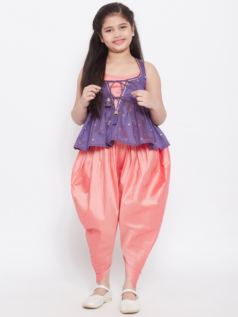 

Stylo Bug Girls Peach-Coloured & Purple Solid Top with Dhoti Pants