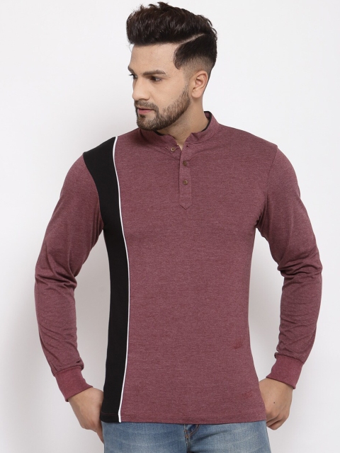 

Kalt Men Maroon Colourblocked Mandarin Collar T-shirt