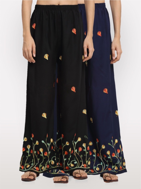 

NEUDIS Women Black & Navy Blue Embroidered Wide Leg Palazzos