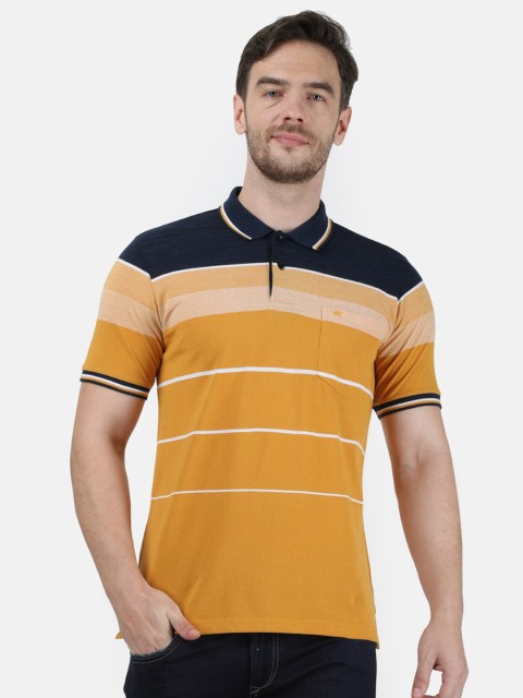 

Monte Carlo Men Mustard Yellow & White Striped Polo Collar T-shirt