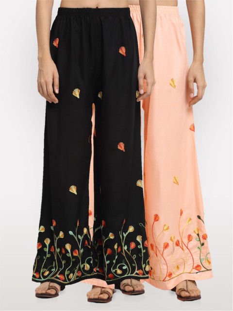 

NEUDIS Women Pack Of 2 Black & Peach-Coloured Embroidered Wide Leg Palazzos