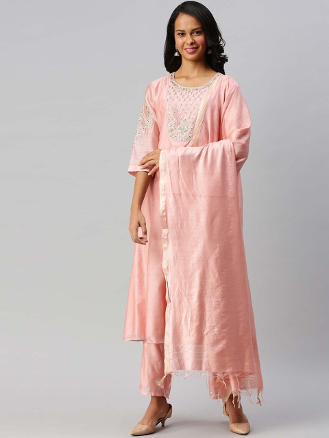 

Soch Women Pink & Off-White Yoke Design Kurta with Trousers & Dupatta