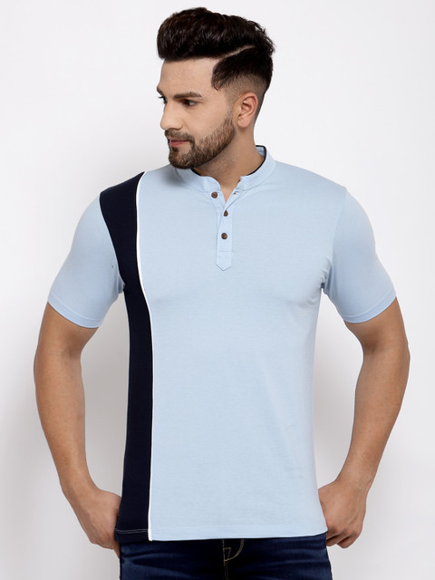 

Kalt Men Blue Colourblocked Mandarin Collar T-shirt