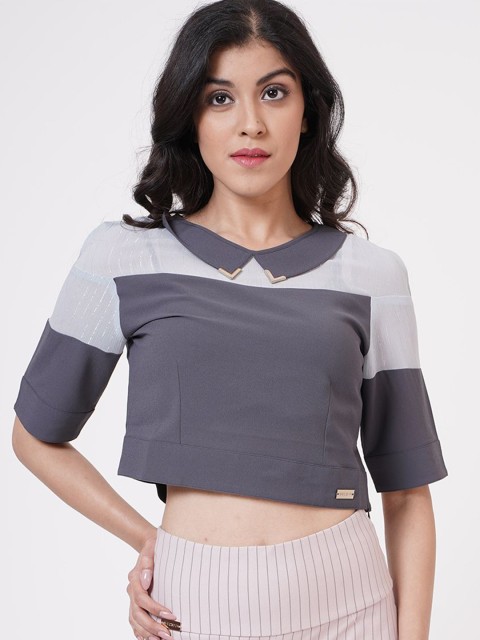 

SHECZZAR Women Grey Solid Colourblocked Regular Crop Top