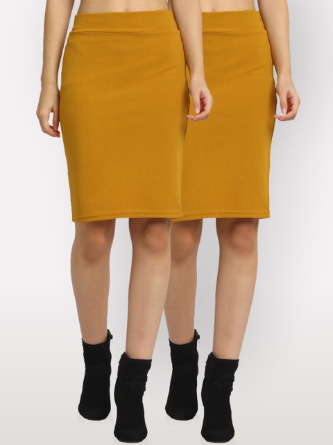 

NEUDIS Women Pack Of 2 Mustard Yellow Solid Pencil Skirts