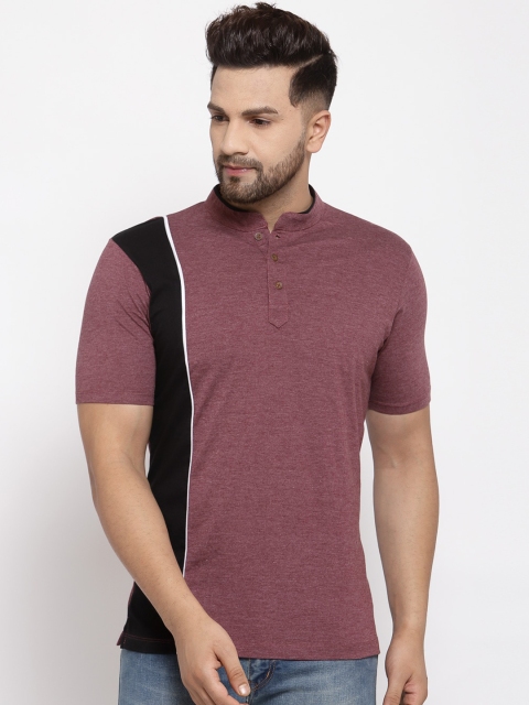 

Kalt Men Maroon & Black Colourblocked Mandarin Collar T-shirt