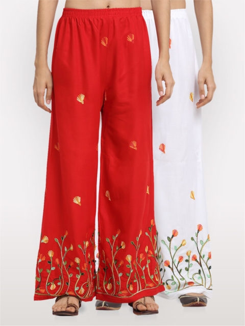 

NEUDIS Women Pack of 2 Red & White Embroidered Wide Leg Palazzos