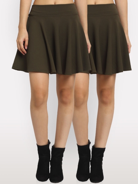 

NEUDIS Women Pack Of 2 Olive Self Design Flared Mini Skater Skirt