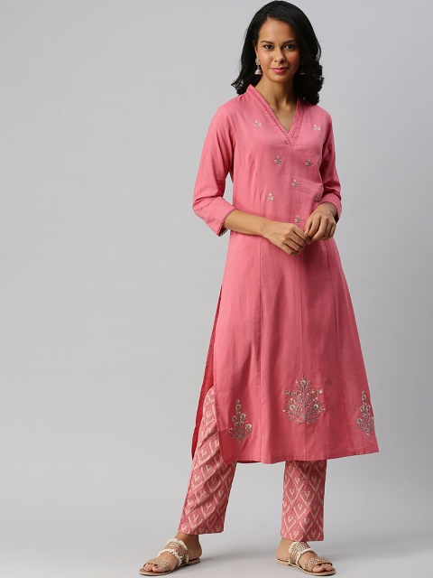 

Soch Women Pink & Green Embroidered Kurta with Trousers