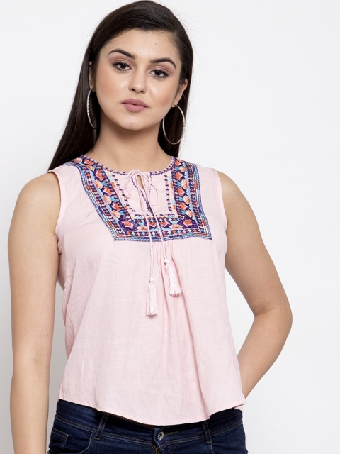 

Global Republic Pink Geometric Embroidered Tie-Up Neck Regular Top