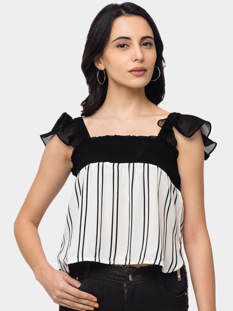 

SHECZZAR Women White Striped Regular Crop Top