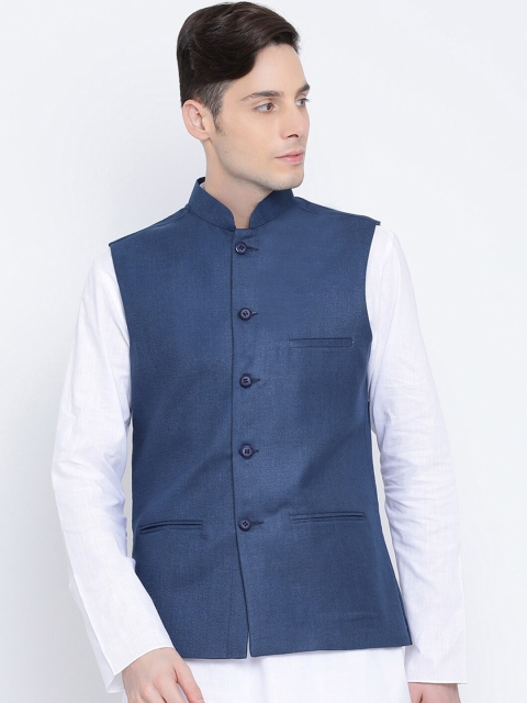 NAMASKAR Men Navy Blue Solid Woven Cotton Nehru Jacket