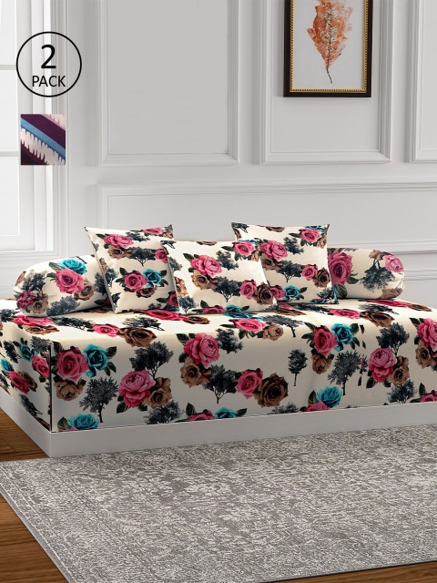 

KLOTTHE Set Of 2 Printed Single Bedsheets With 6 Bolster Covers & 4 Cushion Covers, White