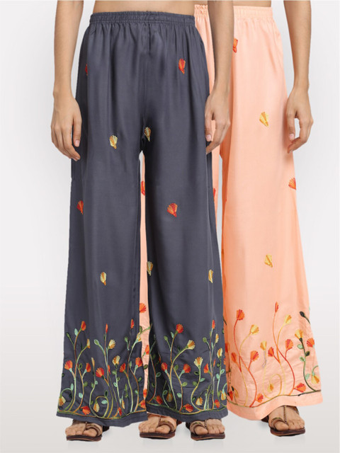 

NEUDIS Women Pack of 2 Embroidered Wide Leg Palazzos, Grey