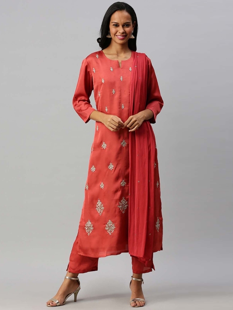 

Soch Women Red Embroidered Kurta with Trousers & Dupatta