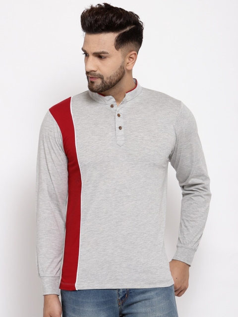 

Kalt Men Grey Melange Colourblocked Mandarin Collar T-shirt