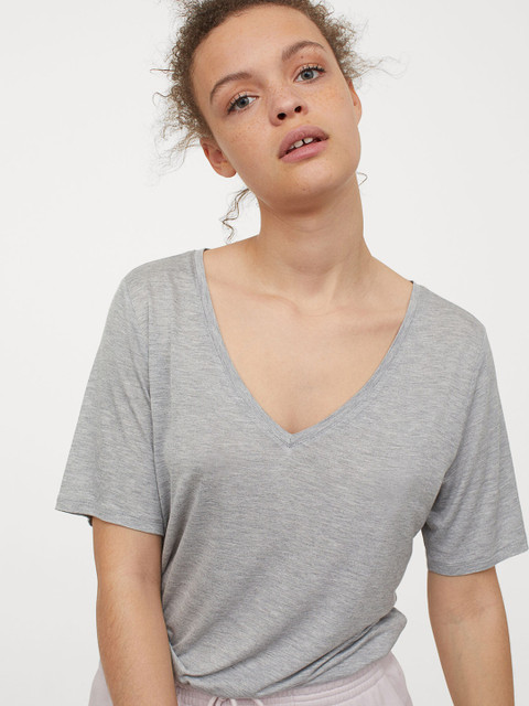

H&M Women Grey Solid Viscose V-Neck T-shirt