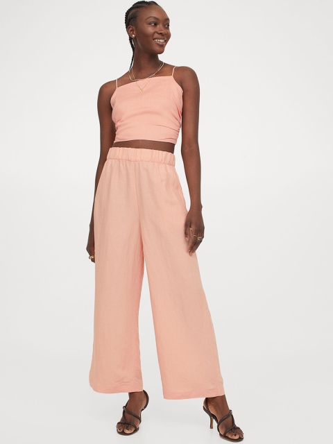 

H&M Women Pink Solid Cropped Linen-Blend Trousers