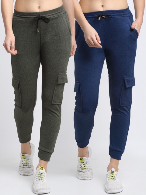 

NEUDIS Women Pack Of 2 Navy Blue & Olive Green Checked Slim-Fit Cotton Joggers