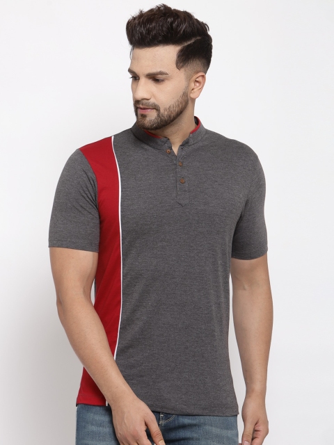 

Kalt Men Grey & Red Colourblocked Solid Mandarin Collar T-shirt