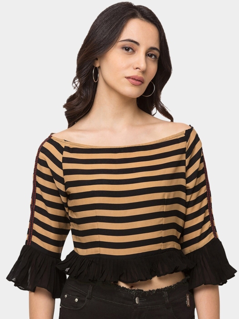 

SHECZZAR Women Mustard Striped Regular Crop Top